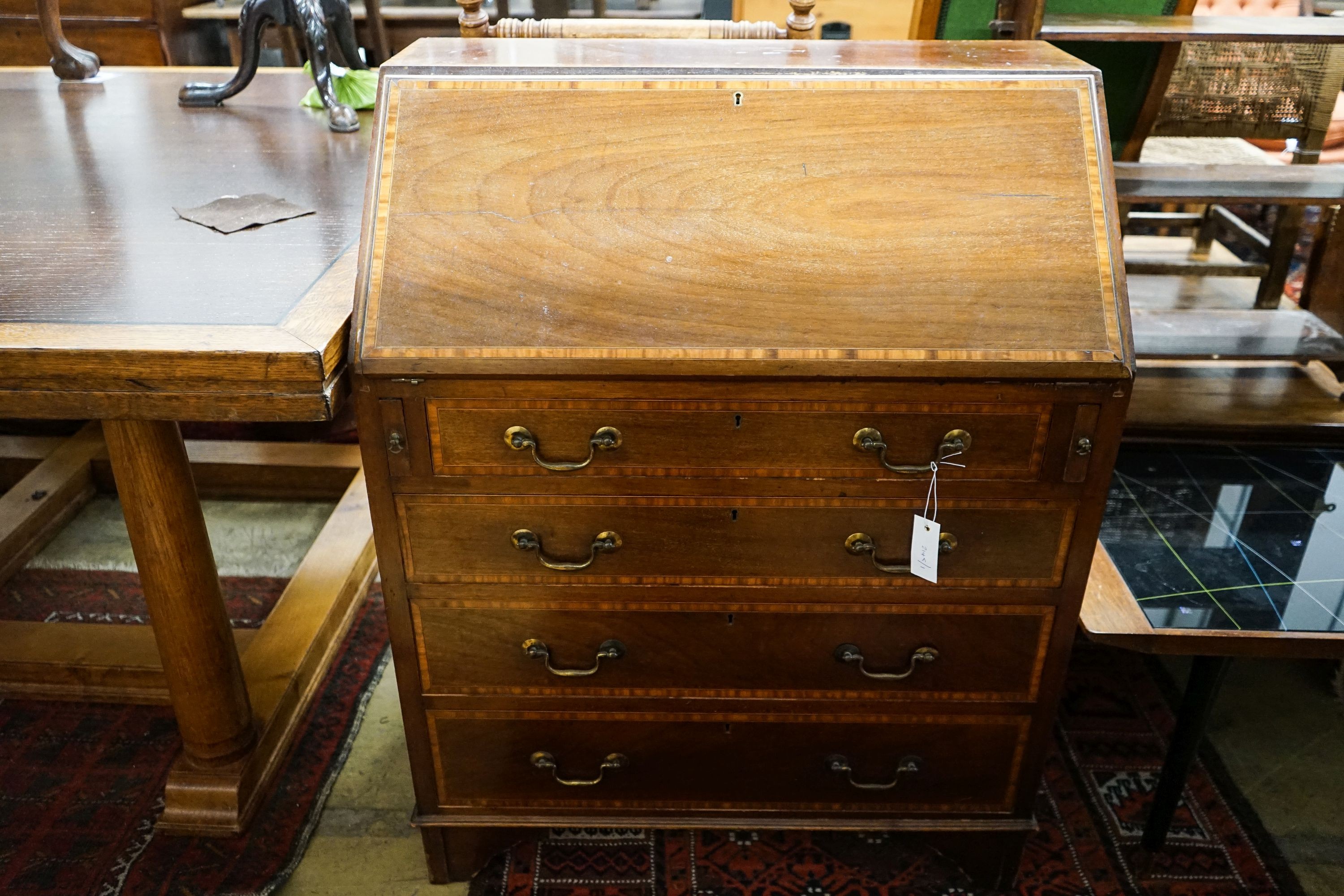 An Edwardian satinwood banded mahogany bureau, width 76cm, depth 46cm, height 98cm